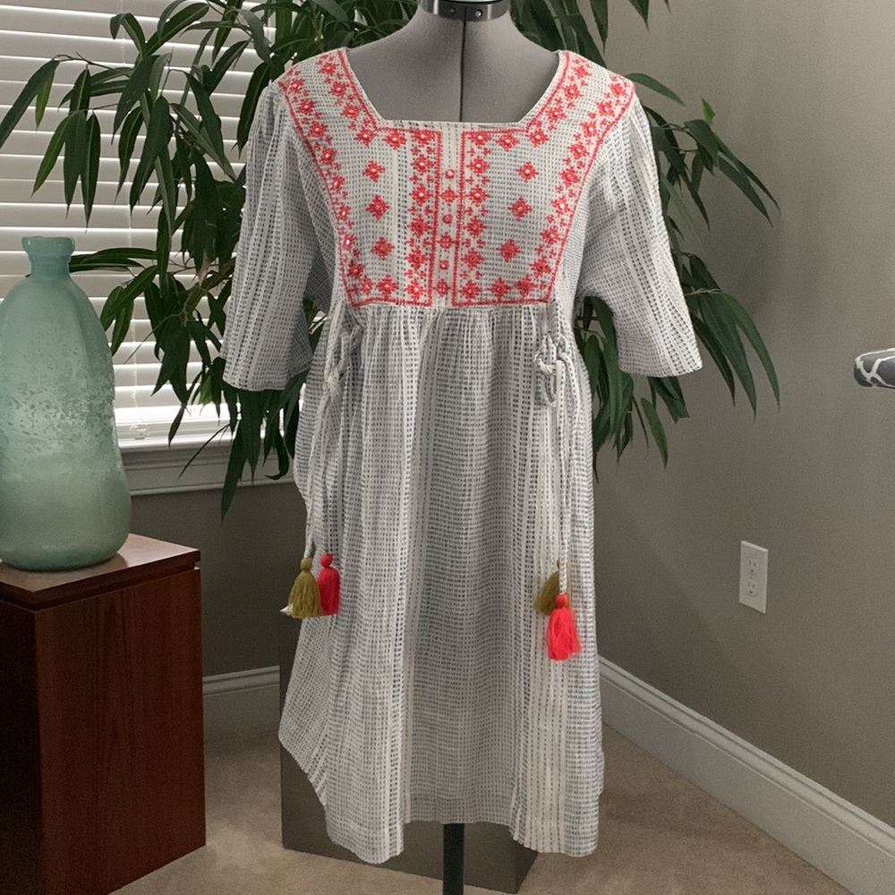 THML Embroidered Yoke Dress with Tasseled Ties